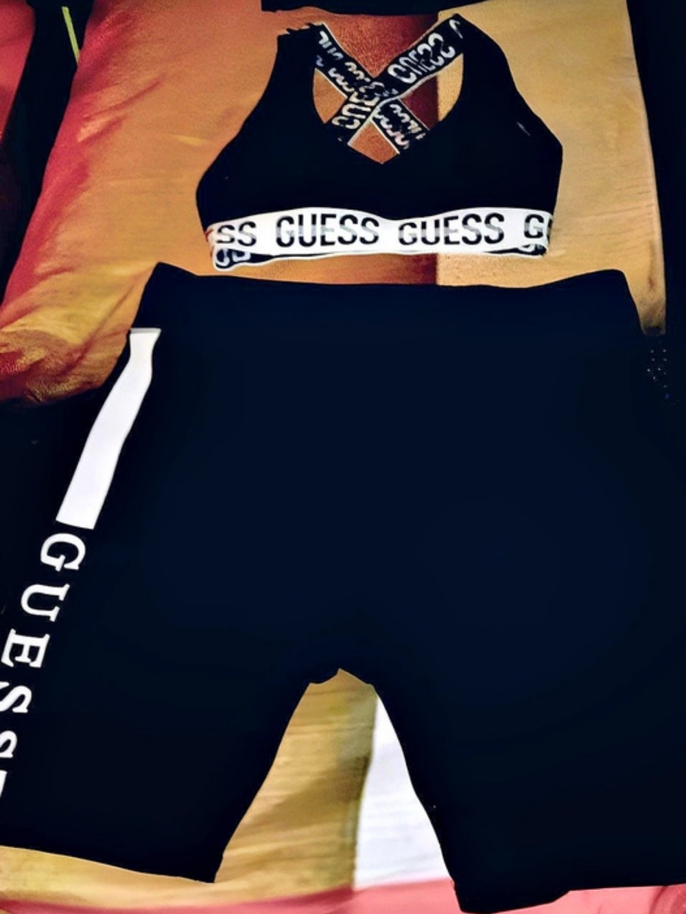 GUESS Logo Activewear Sports Bra and Biker Shorts Set Black & White